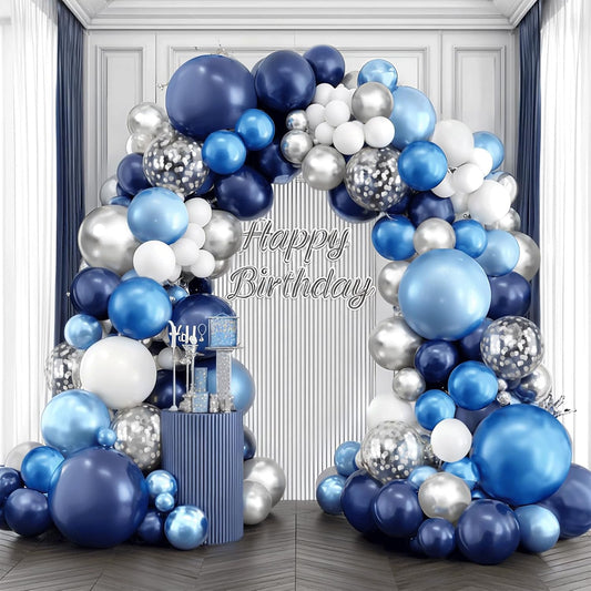 Skiennix Balloon Arch Kit - Navy Blue & White Balloons with Metallic Silver Confetti | Perfect for Graduation & Parties