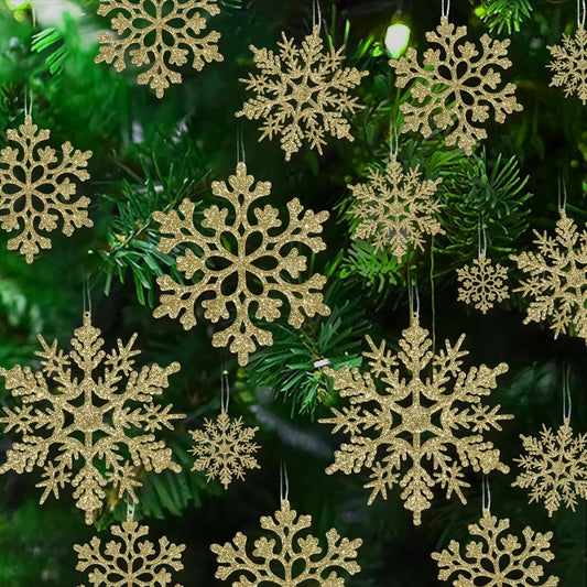Skiennix 36-Piece Christmas Gold Snowflake Ornaments - Glittery Winter Tree Decorations
