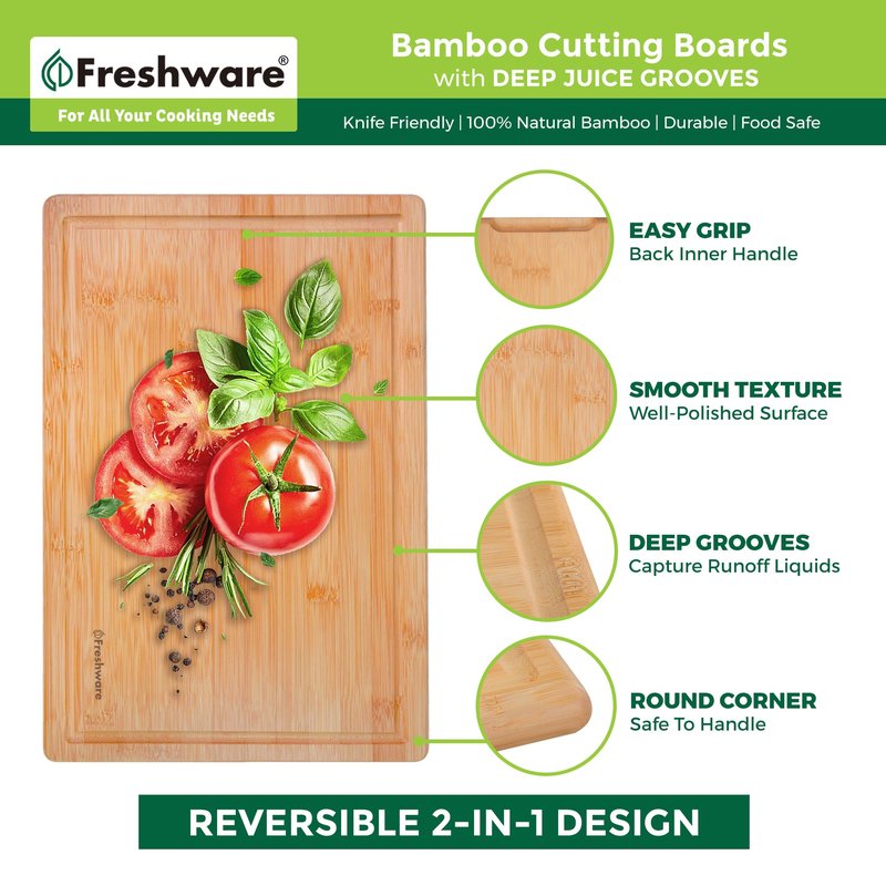 Freshware Wood Cutting Boards for Kitchen - Bamboo Cutting Board Set of 3, Cutting Boards with Juice Grooves, Serving Board Set, Chopping Board for Meat, Veggie, Easy Grip Handle (9x6", 12x8", 15x10")