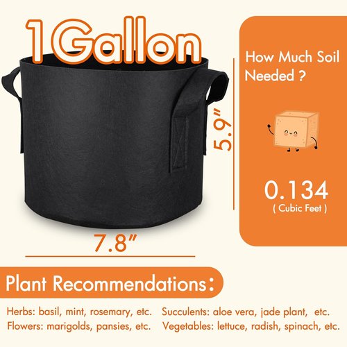 Gardzen 1 Gallon Grow Bags - 10-Pack Heavy Duty Aeration Fabric with Handles, 300G Thickness