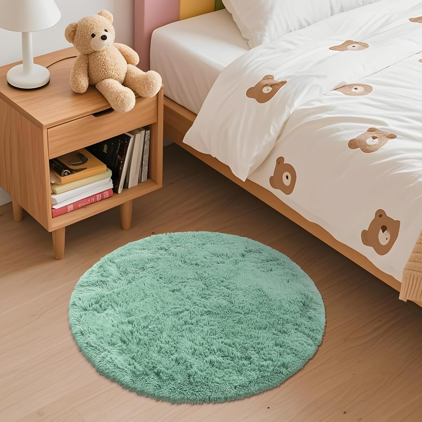 OLANLY Mint Green Round Rug - Soft, Fluffy Shaggy Carpet | 2 ft Machine Washable Area Rug for Bedroom & Nursery Decor