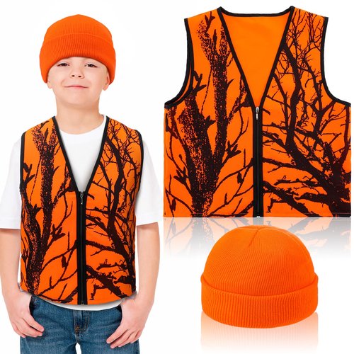 Berlune 2 Pcs Kids Hunting Vest & Beanie Set Reflective Hunting Clothes Blaze Vests for Night Hiking Outdoor(Orange,L,Pattern Style)