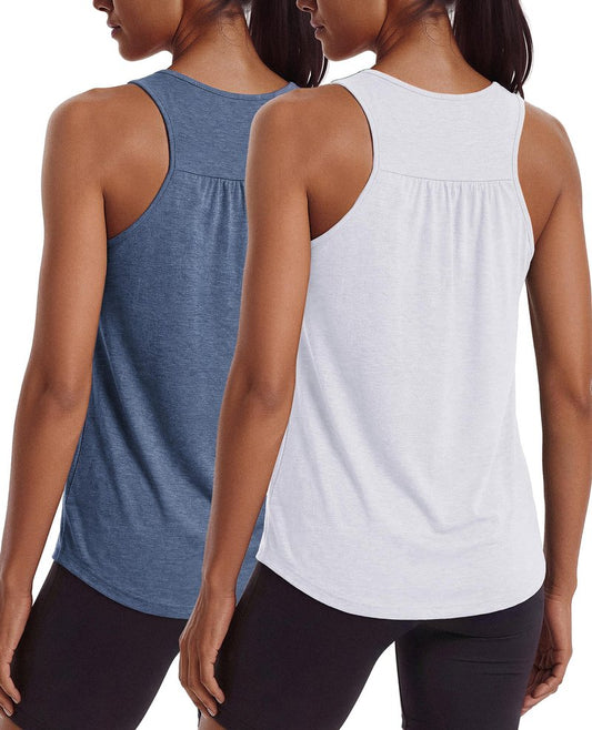 PINSPARK Women's Athletic Shirts & Tees Racerback Workout Tank Tops Sleeveless Yoga Gym Shirt Long Running Tennis Pickleball Outfits for Summer,Navy Blue/White M