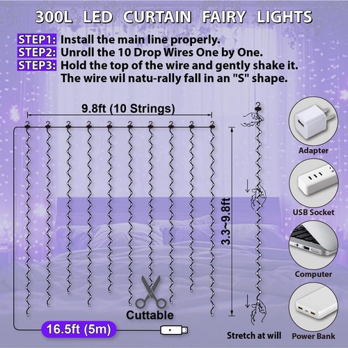 HXWEIYE 300LED Fairy Curtain Lights, 9.8x9.8Ft USB Plug-in 8 Modes Christmas String Hanging Lights with Remote for Bedroom Backdrop Wedding Indoor Wall Decor, Purple, Standard – 1 Pack