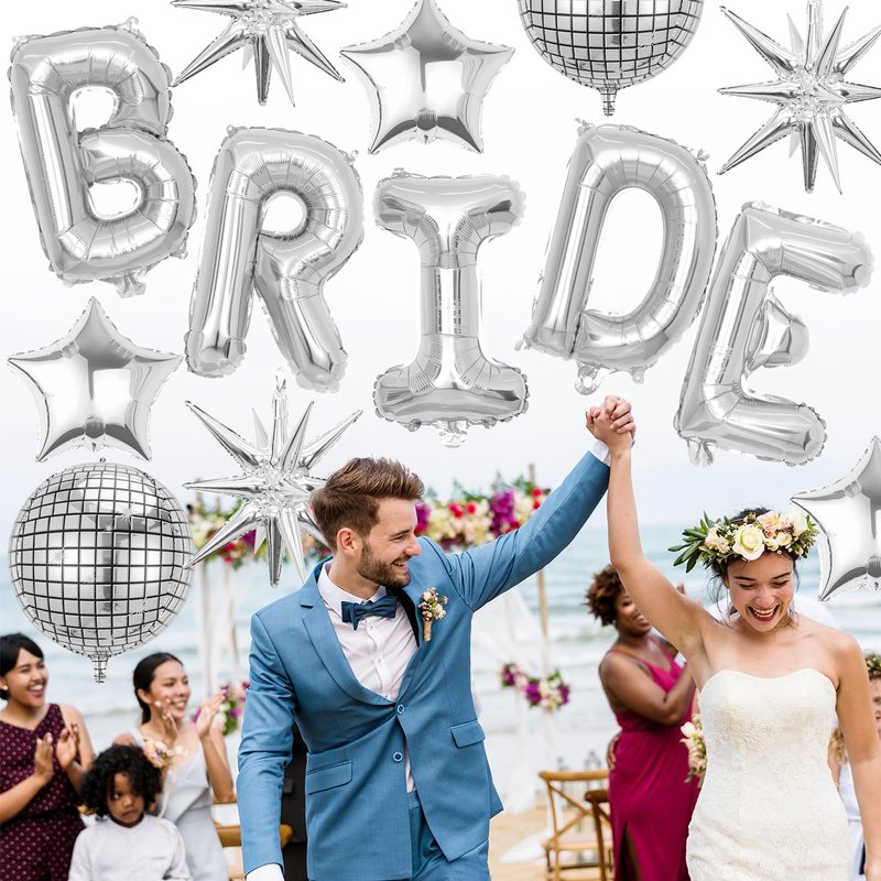 Silver Bride Balloons Bachelorette Party Decorations, 32in Silver Giant Bride Balloons with 4D Disco Ball Balloon and Star Foil Balloon for Bridal Shower Wedding Engagement Party Supplies