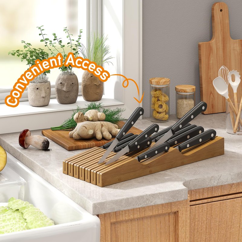In-Drawer Knife Block Organizer - Bamboo Wood Drawer Knife Organizer-Protecting Knife Organizer Block (Not Included) (Brown, 13 Knives Dock)