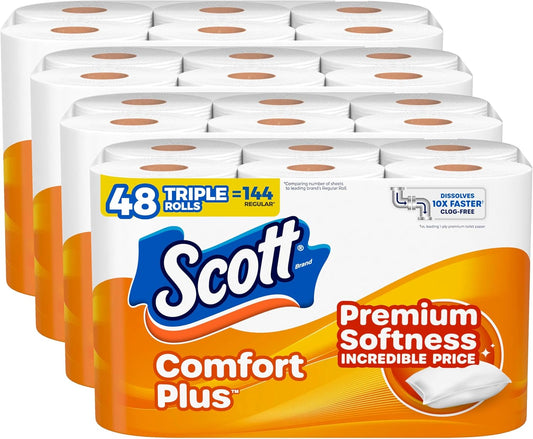 Scott ComfortPlus Toilet Paper - 48 Triple Rolls | 231 Sheets Per Roll | Septic-Safe 1-Ply Tissue