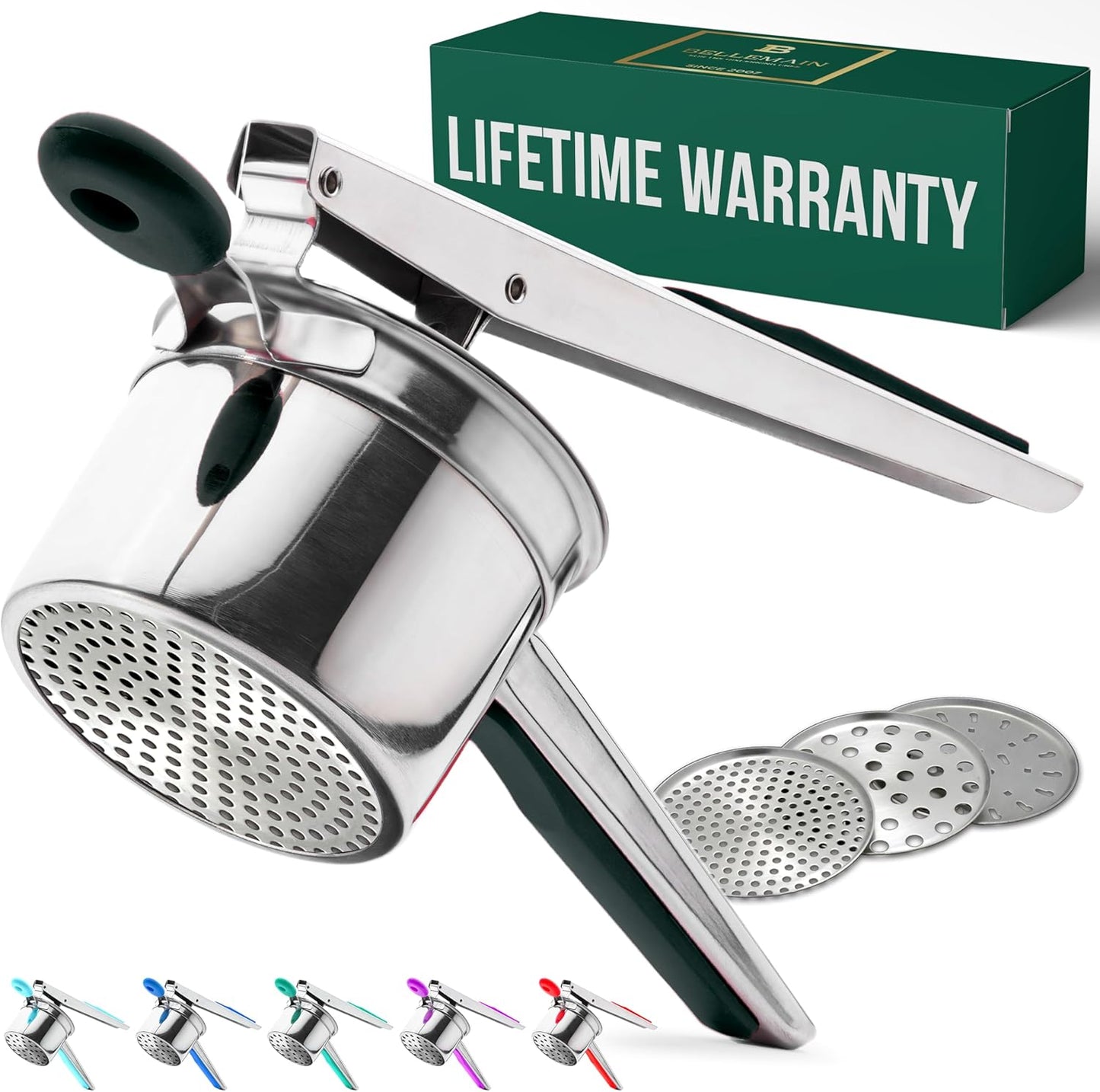 Bellemain 15 oz Large Potato Ricer - Heavy-Duty Stainless Steel Masher with 3 Discs | Ideal for Creamy Mashed Potatoes