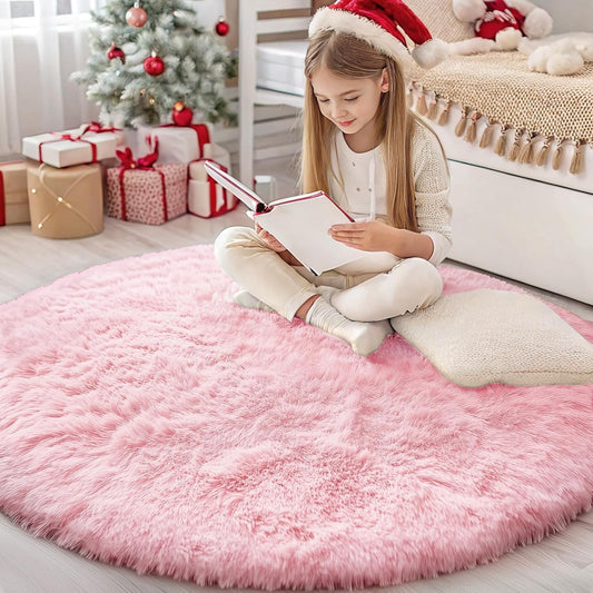 OLANLY Pink Round Rug - Soft & Fluffy Shaggy Carpet, 4 ft Circle Area Rug for Bedroom & Living Room