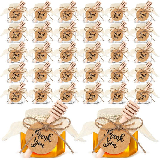 Funnymoom 30 Set 2.5oz Plastic Mini Honey Jars with Wooden Dipper and Muslin Cloth Covers Honey Jars with Gold Lids Hang Tags Decorative Jute Rope for Wedding Birthday Party (Classic)