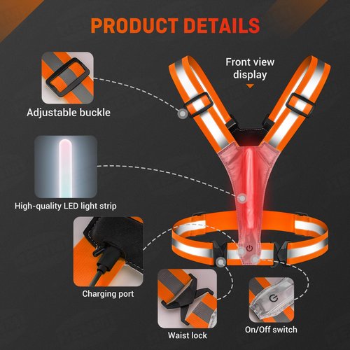 HENMI LED Reflective Running Vest,Rechargeable Running Gear,3 Lighting Modes and 5 Lights Colors Reflective Vest for Running Cycling Walking(Orange)
