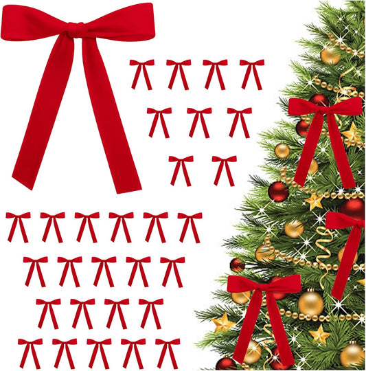 Vintage Velvet Bows by [Brand Name] - 30 Pack Elegant Christmas Tree Decorations | 5x7 Inch Red Ribbon