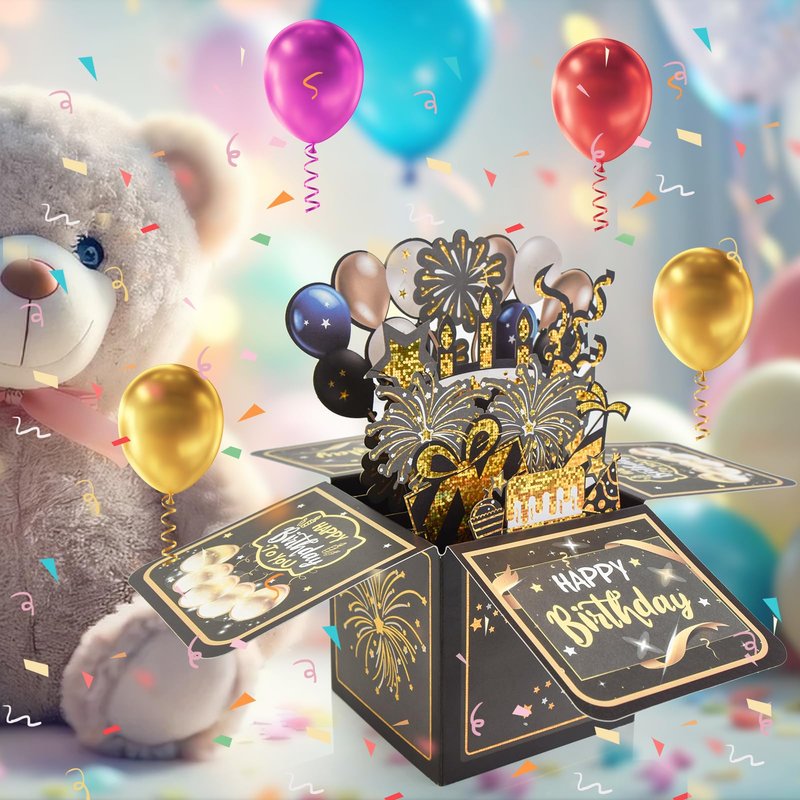 Surprise Pop Up Happy Birthday Cards, Lovely 3D Birthday Card for Adults and Kids with Envelopes, Unique Design Handmade Foldable Greeting Cards for Daughter, Son, Mom, Dad, Friend（Black）