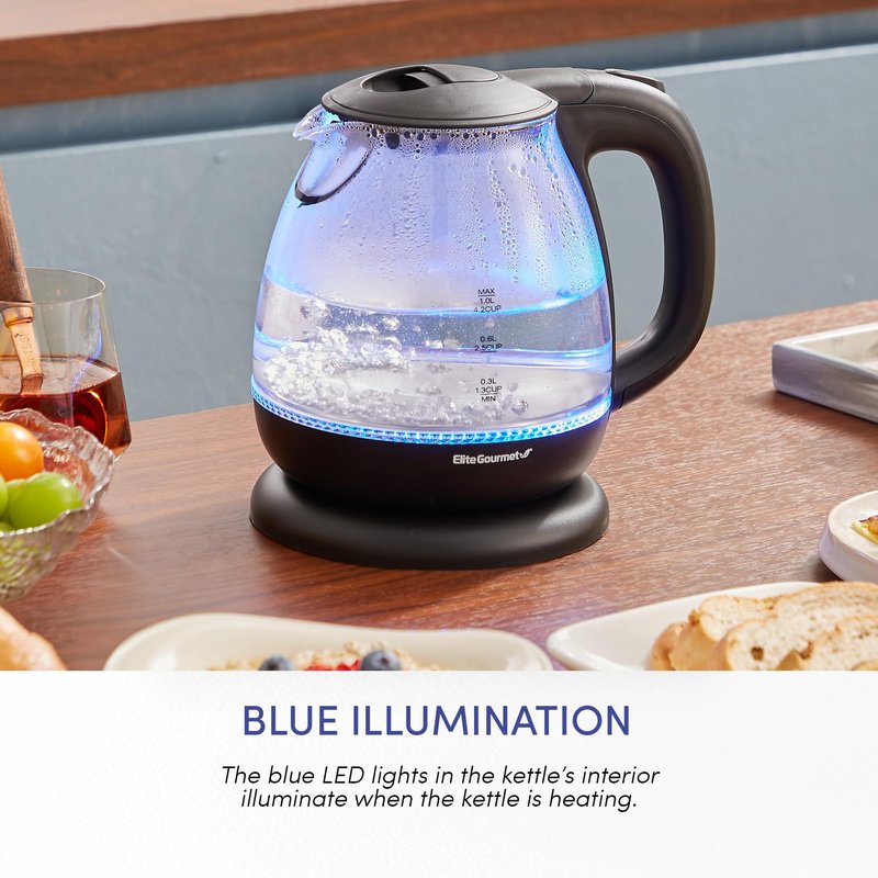 Elite Gourmet EKT1024 1L Electric Glass Tea Kettle, BPA-Free Hot Water Boiler with Blue LED, Fast Boil & Auto Shut-Off, Black