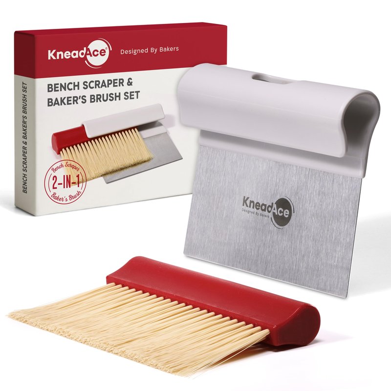 KneadAce Dough Scraper & Baker’s Brush Set. Stainless Steel Bench Scraper & Flour Cleaning Brush. Kitchen Tool for Pastry, Sourdough and Baking Prep Bread Dough Cutter, Gift For Bakers (White/Red)