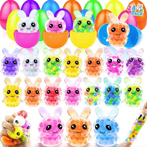 Easter Basket Stuffers 24 Pack Prefilled Easter Eggs with Bunny Stress Ball Fidget Toy 12 Color Squeeze Squishy Relief Toy for Kids Boys Girls Filler Easter Egg Hunt Party Favors Gifts Classroom Prize