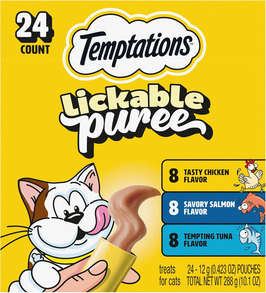 Temptations Creamy Puree Cat Treats - Lickable Chicken, Salmon & Tuna Variety Pack | 24 Tubes, 0.42 oz Each