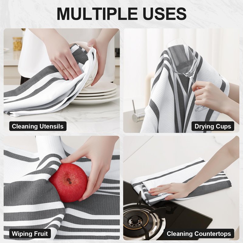 Homaxy Premium Kitchen Towels 18”x 28”, Large Cotton 380 GSM Kitchen Hand Towels, Stripe and Terry Dish Towel, Highly Absorbent Tea Towel Set with Hanging Loop, 6 Pack, Black