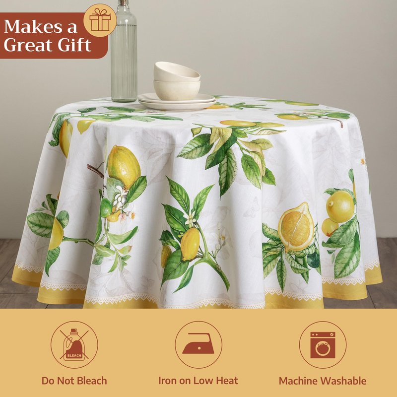 Maison d' Hermine Table Cloth Round Table 100% Cotton 63 Round Inches Tablecloth Reusable Decorative for Dining Kitchen Room Farmhouse Home Gifts for Mothers Day Spring Summer - Limoncello