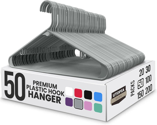 Utopia Home Plastic Hangers 50 Pack - Durable Space-Saving Closet Organizers - Ideal for Shirts, Pants, & Coats (Grey)