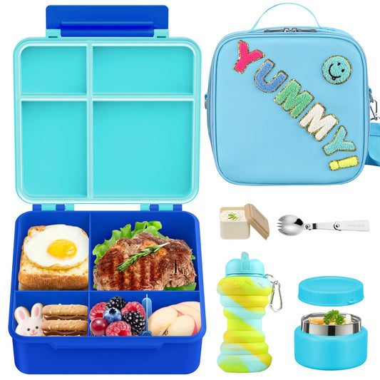 Bento Lunch Box with 10oz Soup Thermo for Kids Insulated Lunch Bag & Foldable Silicone Cup Food Leak Proof Food Container with 5 Compartment for Kid to Shool Travel