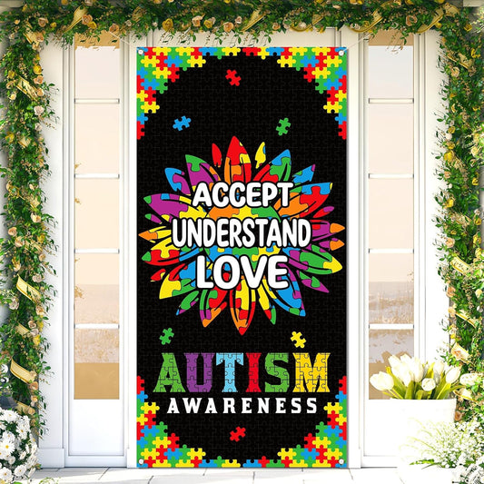 Sunwer Autism Awareness Door Cover - Puzzle Piece Design for April Decoration | Sunflower Front Porch Sign