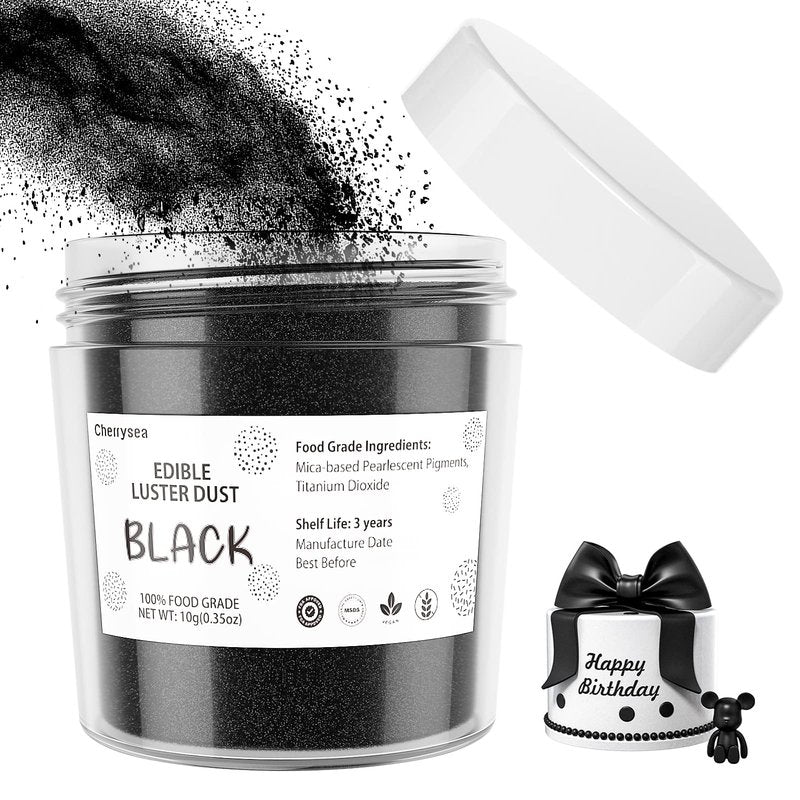 Black Edible Luster Dust 10 Grams, Food Grade Cake Luster Dust Tasteless Dessert Dusting Powders for Baking Cherrysea Food Coloring Powder for Cupcakes, Cake Pops,Fondant,Chocolate, Candy
