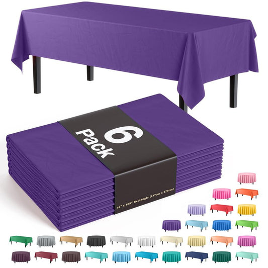 Exquisite Party Solids 6-Pack Premium Plastic Tablecloth 54in. x 108in. Rectangle Plastic Table Cover - Purple