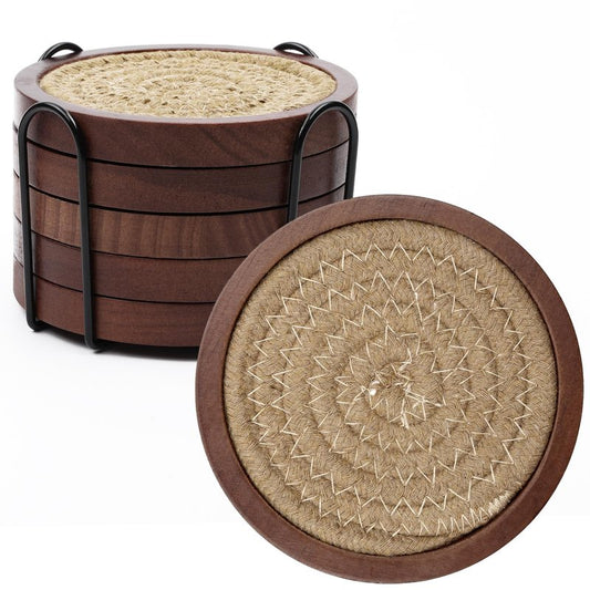 Mckanti 5 Pack Wooden Coasters with Holder for Coffee Table Decor, Absorbent for Kinds of Cups, 4.3 Inches