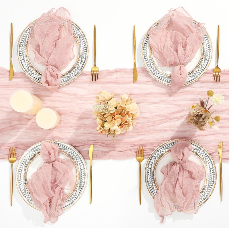 Windkream 2 Cheesecloth Table Runners and 24 Napkins Set, 10Ft Boho Cheese Cloth Table Runners 20 x 20 Inch Rustic Wrinkled Gauze Napkins for Wedding Birthday Baby Shower Party Decor (Dusty Pink)
