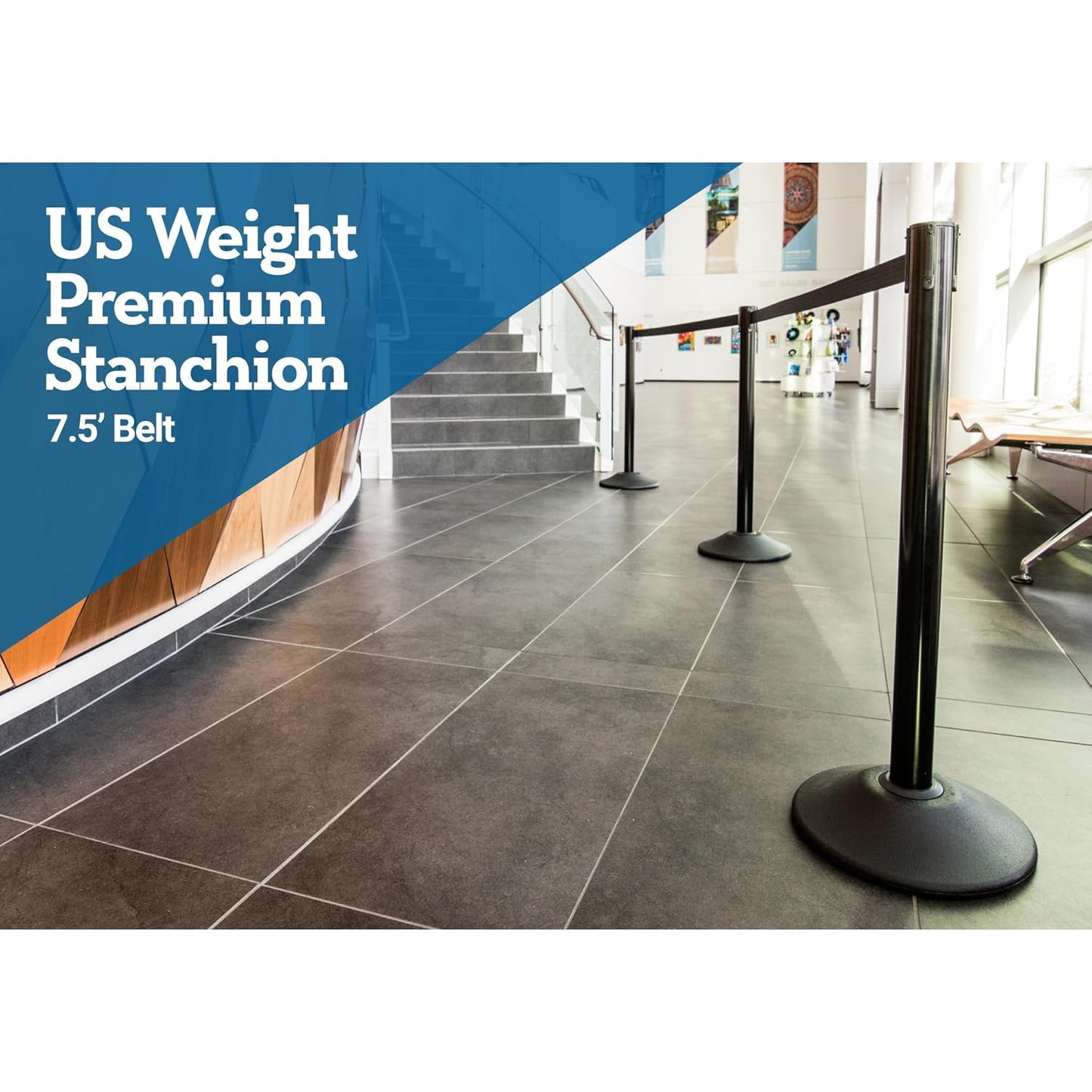 Premium Black Steel Stanchions with 7.5-Foot Retractable Belts - 2 Pack