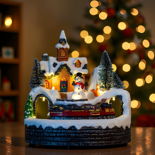 Skiennix Animated Musical Christmas Village Figurines - LED Lights & Rotating Train | Holiday Decor Gifts