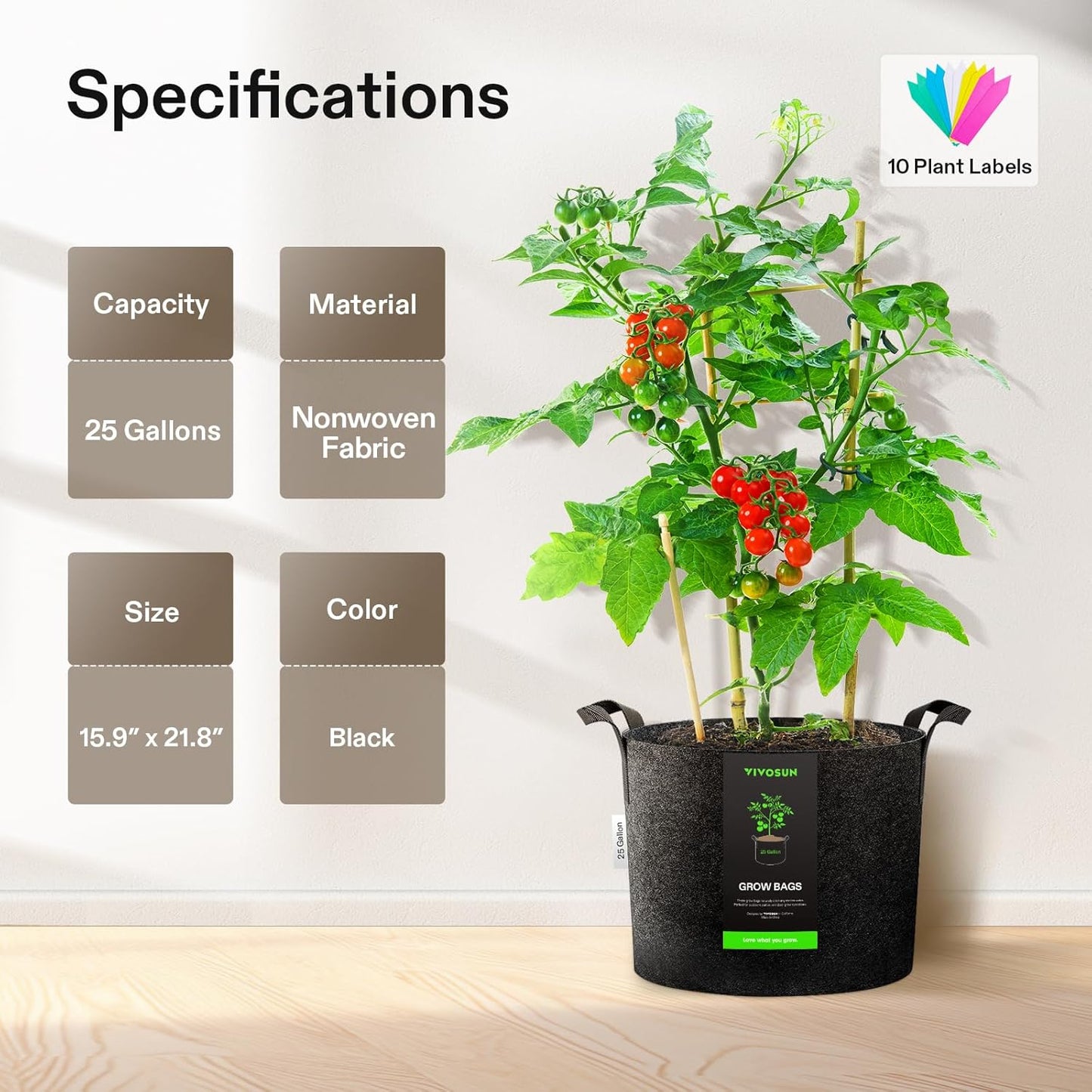 VIVOSUN 25 Gallon Plant Grow Bags - Heavy Duty Nonwoven Fabric Pots with Handles | 5-Pack