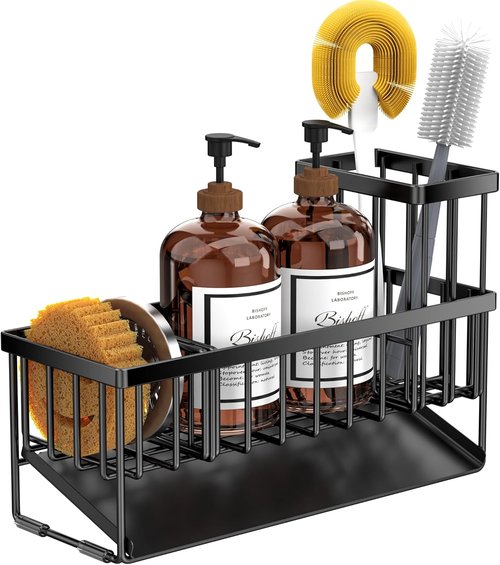 Cisily Extra Large Kitchen Sink Caddy Organizer - Rustproof Stainless Steel with Brush & Sponge Holder | Soap Dispenser Included