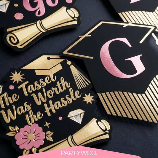 PartyWoo Graduation Decorations Class of 2026 Black Gold Pink 19pcs Grad Party Supplies with Congrats 2026 Grad Banner Hanging Swirls Foil Balloons Graduation Cap Centerpieces Party Decorations