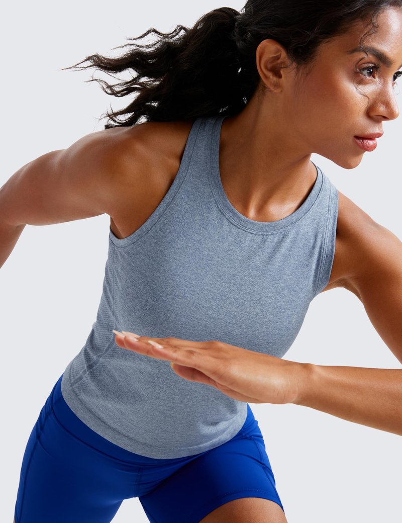 CRZ YOGA Seamless Workout Tank Tops for Women - Athletic Running Gym Sleeveless Shirts Crewneck Racerback Breathable Oasis Blue Heather X-Small