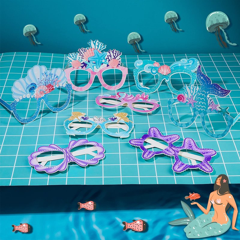 Tenare 24 Pieces Mermaid Party Decorations Paper Mermaid Themed Paper Eyeglasses Under The Sea Summer Beach Photo Booth Props Birthday Party Baby Shower Supplies