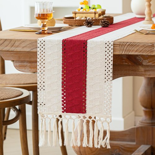 FEXIA Christmas Table Runner for Home Decor with Tassels 72 Inches Long Farmhouse Red Rustic Boho Table Runner Macrame Burlap Table Decoration for Living Room Bridal Shower(12x72 Inches)