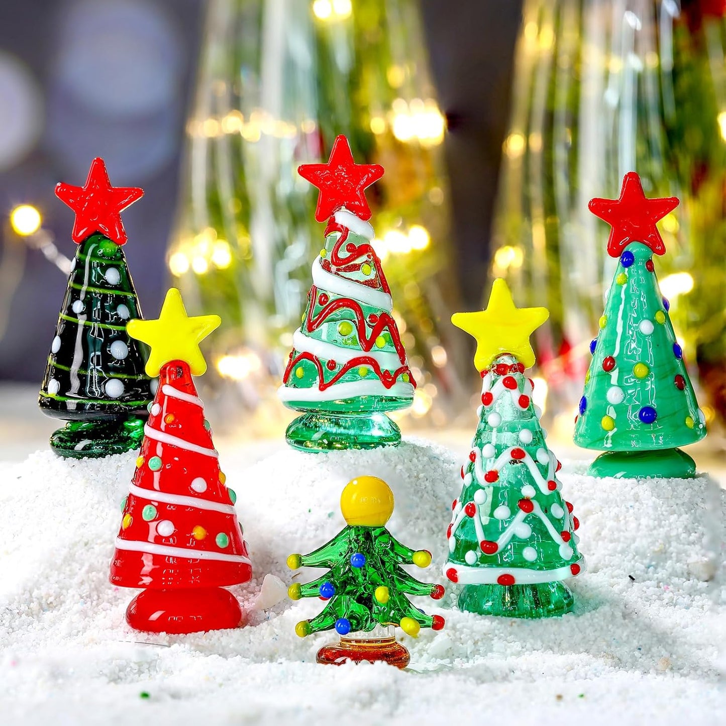 Skiennix Mini Christmas Tree Glass Ornaments Set - 6 Pcs Holiday Decor for Dollhouses | 2.36 Inch
