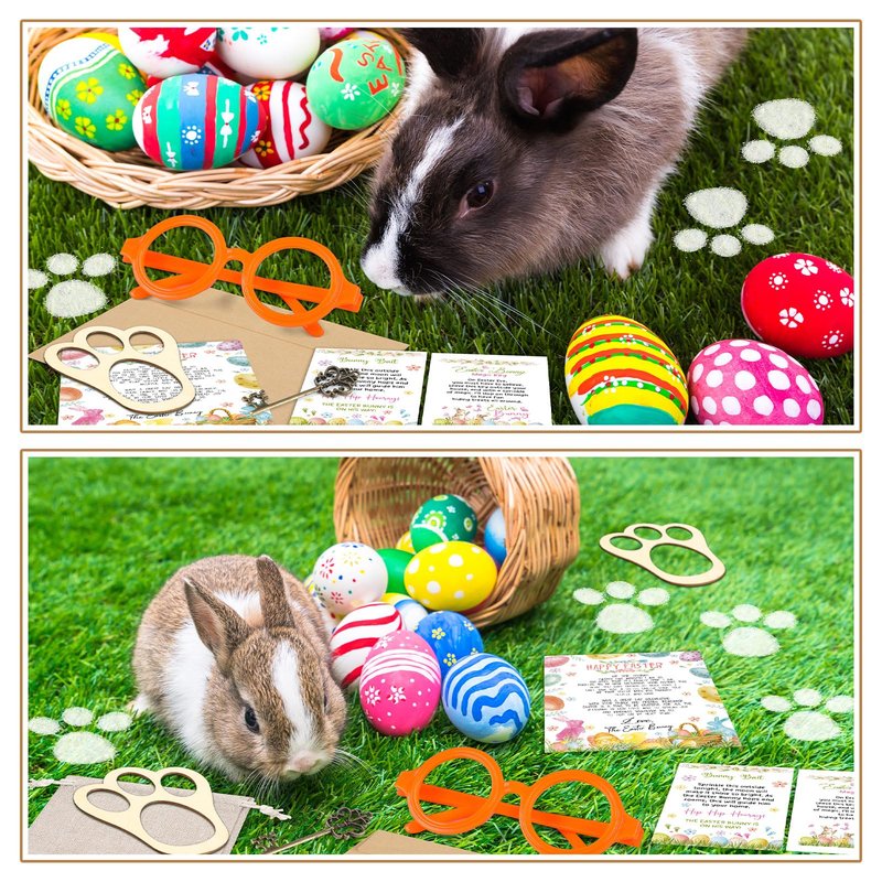 VioraWhite 11 Pcs Easter Bunny Evidence Set Bunny Footprints Template Greeting Cards Stickers Cardboard Key Glasses Prop for DIY Easter Scene Dress up Gifts