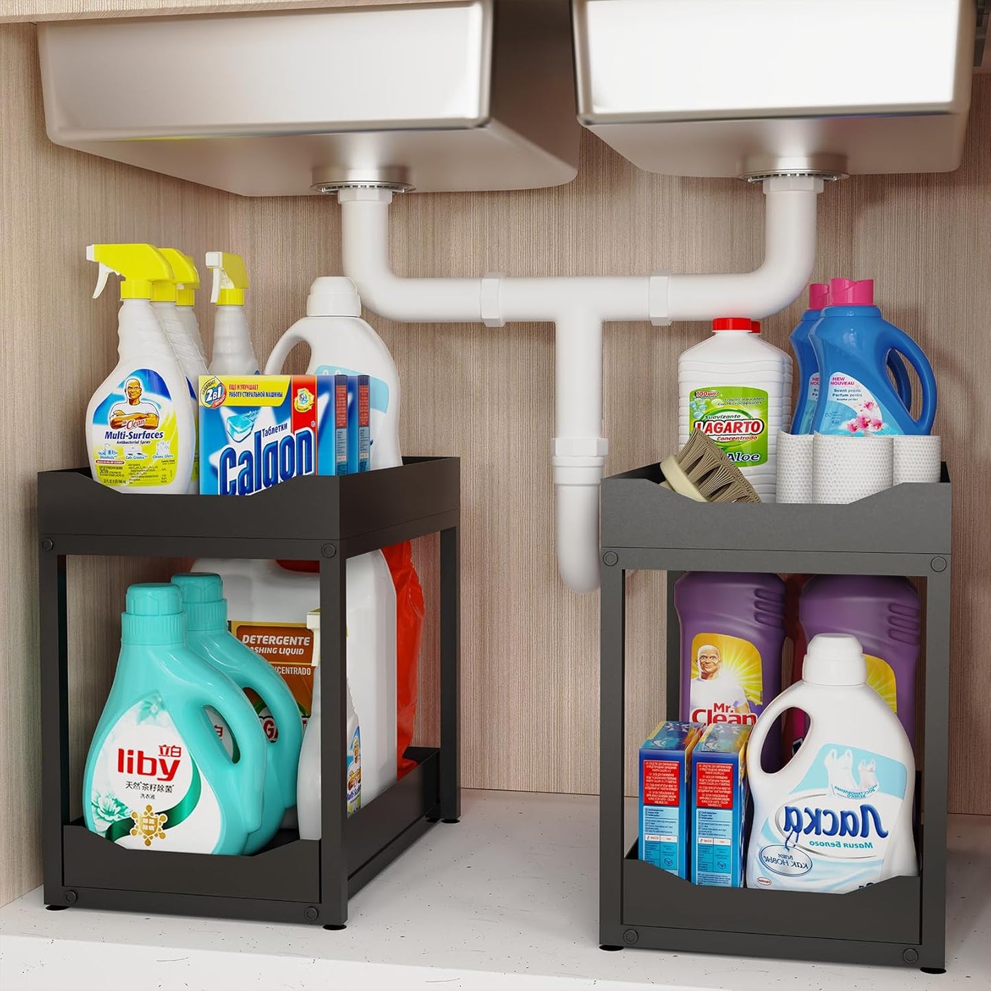 Skiennix 2-Tier Bathroom Organizer - Metal Under Sink Storage with Pull-Out Drawers | Black, 2 Pack