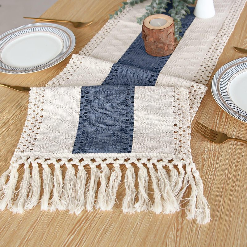 FEXIA Boho Table Runner 90 Inches Long with Tassels Farmhouse Rustic Cream & Blue Macrame for Dining Bedroom Baby Bridal Shower Decor(12x90 Inches)