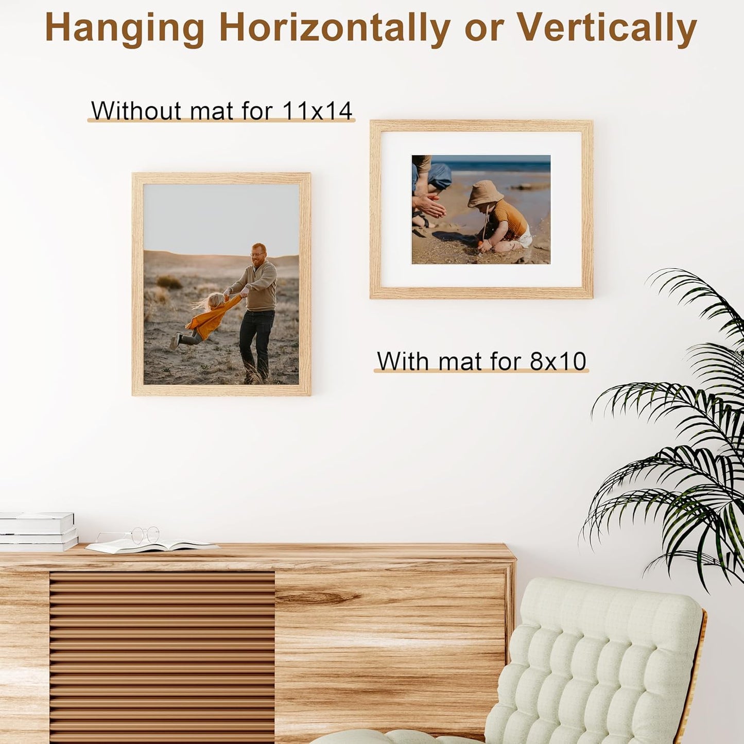 Vittanly 11x14 Picture Frame - Solid Wood with Plexiglass & 8x10 Mat | Natural Wall Hanging Decor