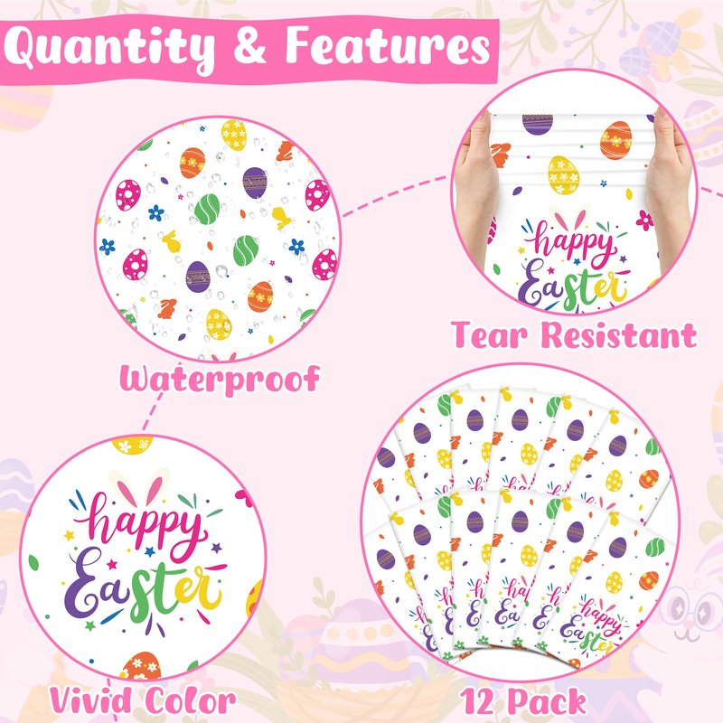 QZYL 12 Pack Easter Tablecloths Rectangular, 54" x 108" Disposable Easter Tablecloth Easter Decorations, Plastic Eggs Bunny Spring Tablecloth, Easter Table Cloth for Picnic Party Decorations Supplies