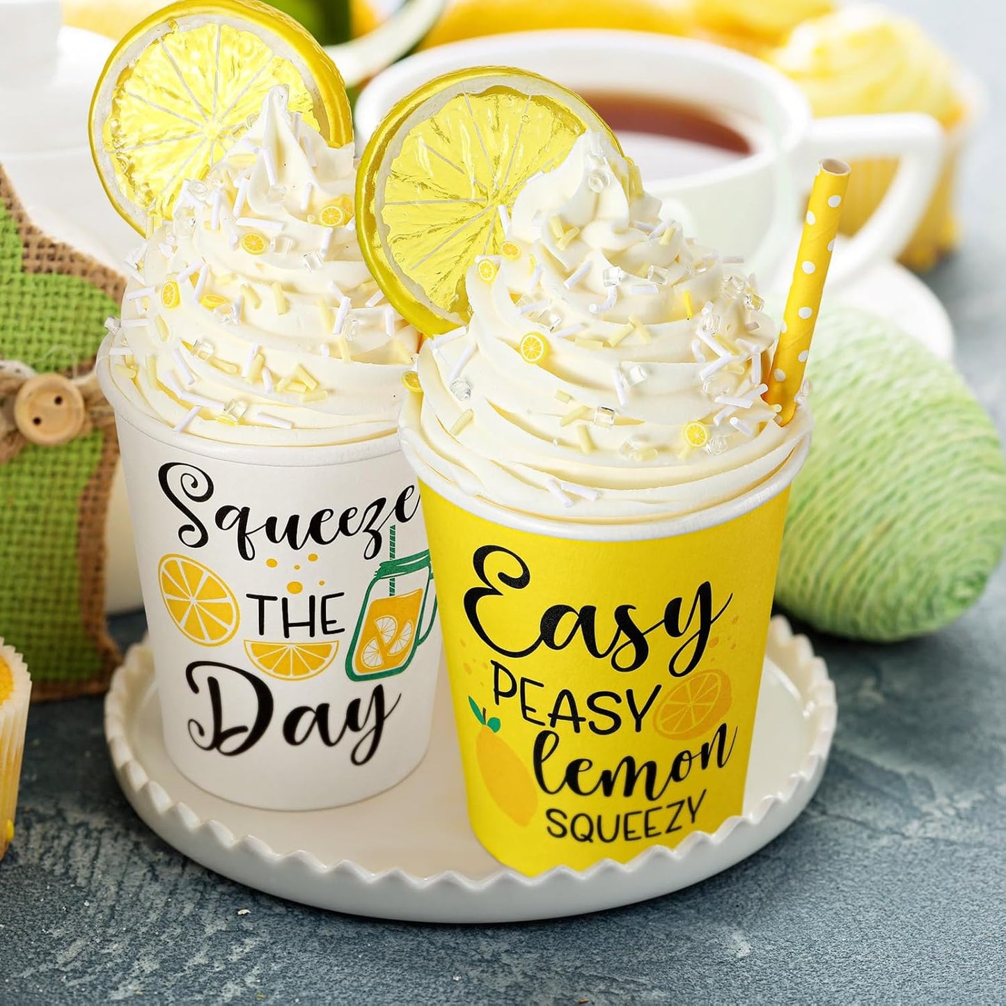 Yungyan Lemon Tiered Tray Decor - Faux Whipped Cream Cups for Summer Parties | 2 Pcs Set