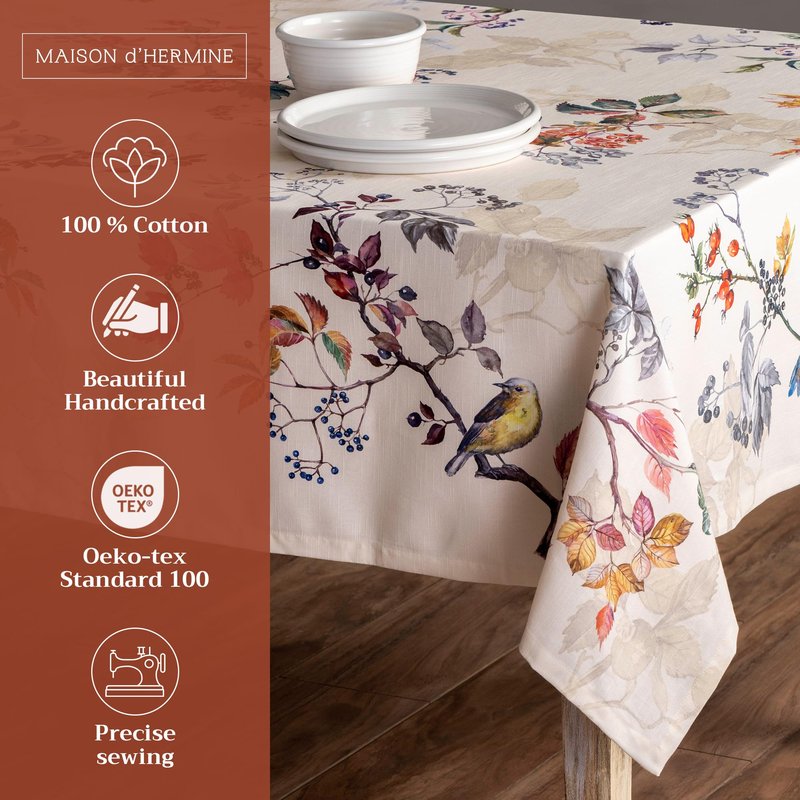Maison d' Hermine Table Cloth Rectangle Table 100% Cotton 54 x 72 Inches Fall Tablecloth Reusable Everyday Use for Thanksgiving Christmas Decorations Dining Farmhouse Party (Equinoxe - Beige)
