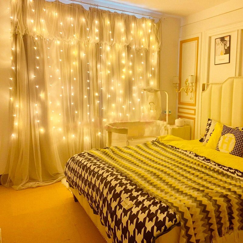 Hatstart 300 LED Twinkle Fairy Curtain Lights with Remote - 8 Lighting Modes, Hanging Warm String Light with USB Powered for Bedroom Wall, Wedding Backdrop and Christmas Party Window Decor
