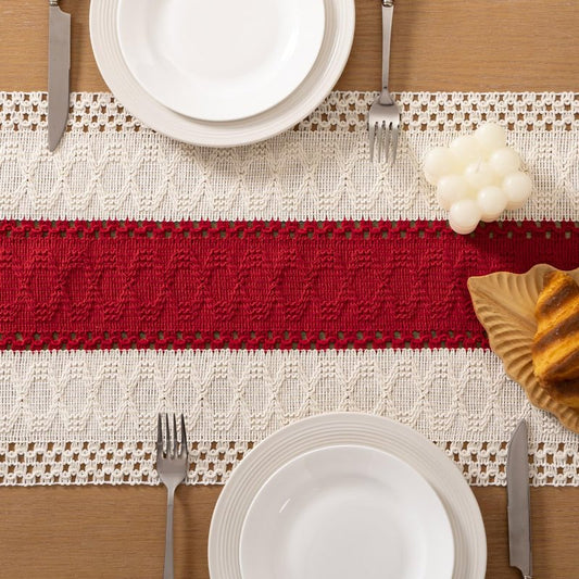 Socomi Boho Table Runner Easter Spring Farmhouse Rustic Dining Kitchen Centerpiece Decor Small Macrame Woven Cotton Linen Coffee Table Runner for Dresser Scarf Home Decor 12x72 in Red Ivory