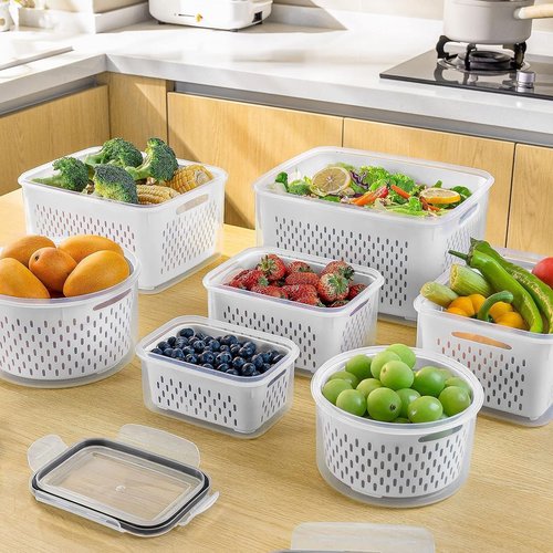 Freshmage Fruit Storage Containers - Airtight Produce Saver with Removable Colander | 4-Piece Set, Small Clear