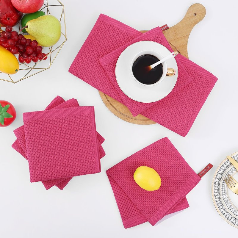 Homaxy 100% Cotton Waffle Weave Kitchen Dish Towels, Ultra Soft Absorbent Quick Drying Cleaning Towel, 13 x 28 Inches, 6-Pack, Hot Pink